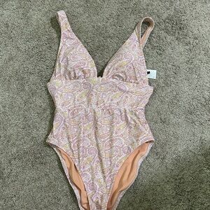 J. Crew Cream and Purple One Piece Swimsuit with V-Neckline